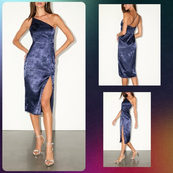 Lulus Dresses & Skirts - Desirable Dream Navy Blue Satin Jacquard Halter Neck Midi Dress